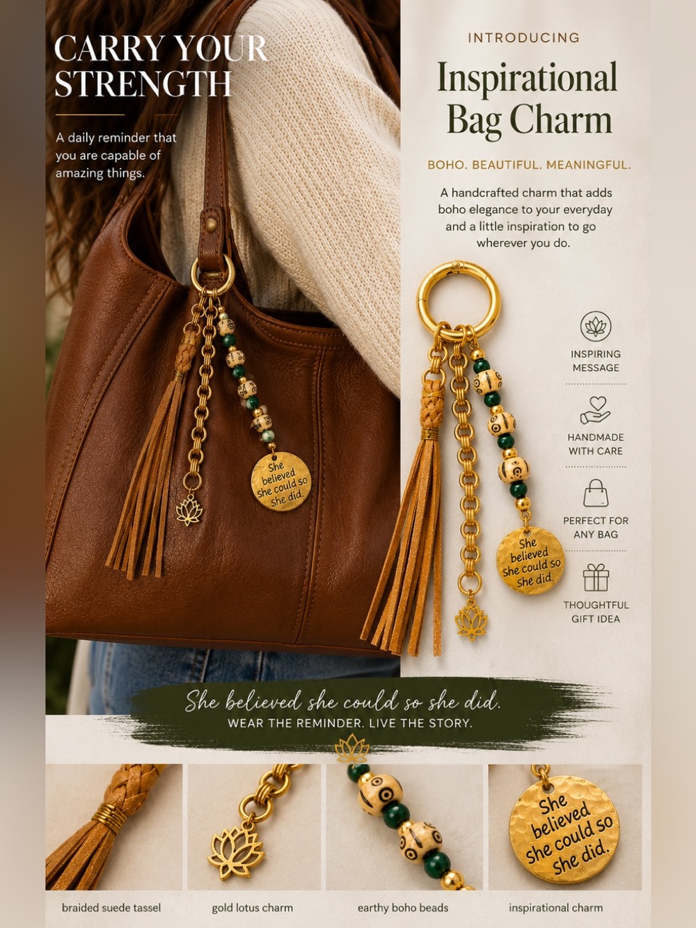 ✨SHE BELIEVED SHE COULD SO SHE DID✨
 Inspirational Bag Charm/Keychain
